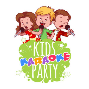 Dessin de trois enfants chantant : texte "kids karaoké party"